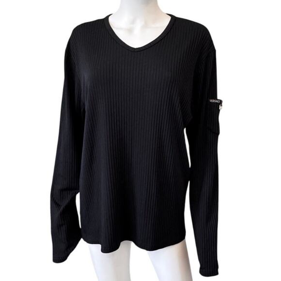 VERSACE JEANS COUTURE Women's Black V Neck Long Sleeve Ribbed Top Size XL - Picture 1 of 5